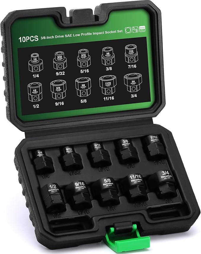 TecoTek 10-Piece 3/8-Inch Drive SAE Low Profile Impact Socket Set, Stubby Socket Set, 1/4"-3/4", 6 Point, Cr-Mo, Shorter Socket for Tight Areas