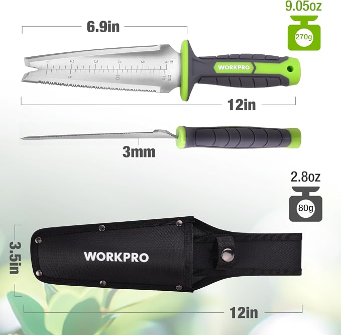 WORKPRO Hori Hori Garden Knife, 7" Stainless Steel Blade with Cutting Edge, Garden Tools with Oxford Sheath, Ergonomic TRP Handle with Hanging Hole for Weeding, Planting, Digging