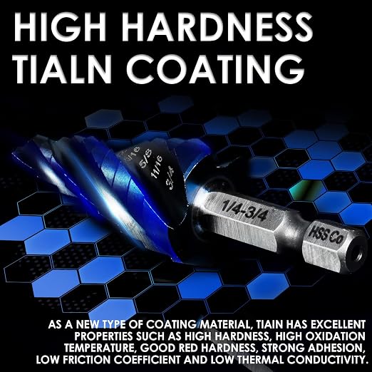 Matework M35 Cobalt Step Drill Bit Set, Four Spiral Flute Unibit Step Drill Bits (1/8"-7/8") Wear-Resistant TiAlN Coated, 1/4" Hex Shank for Metal, Carbon Steel, Stainless Steel, Wood, Plastic (3Pcs)