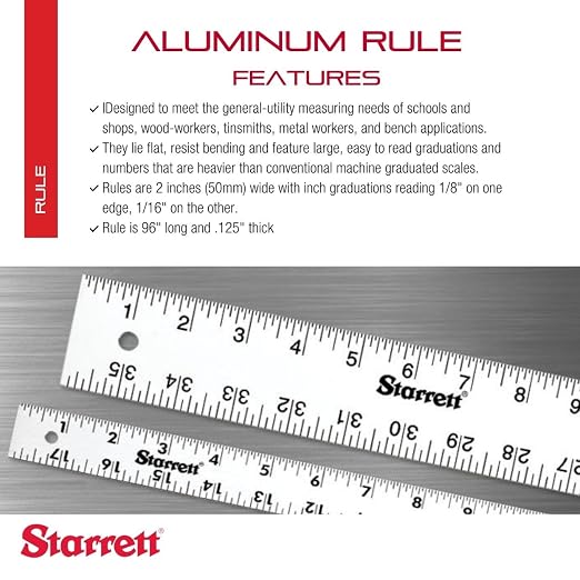 Starrett Straight Edge Aluminum Rule - Ideal for Schools, Shops, Metal and Wood Workers - 96" Length, 2" Width, .125" Thickness, 1/8", 1/16" English - ASE-96