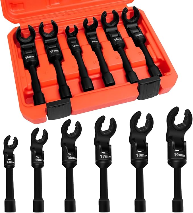 6PCS 3/8" Drive Long Flex Head Injector Fuel Line Socket Wrench Set | Metric, 12-19mm, Crowfoot Flare Nut, Hydraulic Lines, Nuts, Bolts Remover, Hand Removal Tool, CR-V Steel