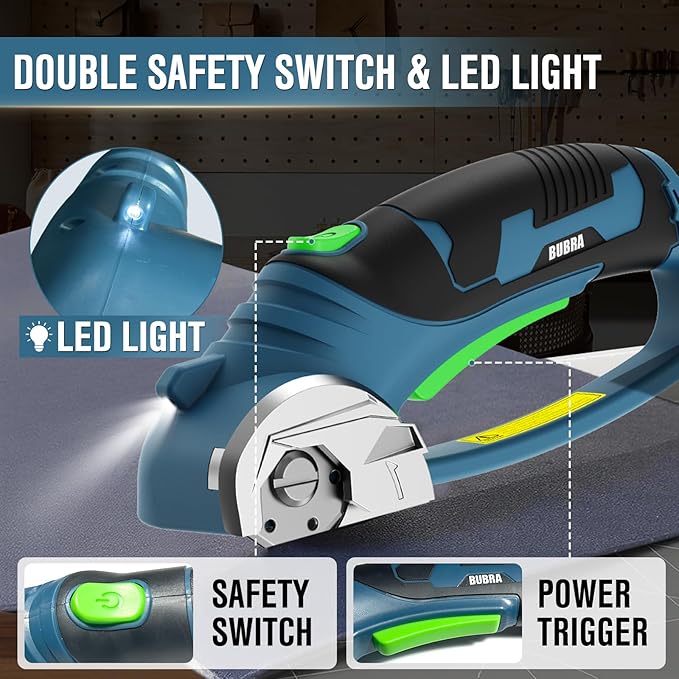 Cordless Electric Scissors 4V Rechargeable Cardboard Cutter with 4 SK5 Blades, 2000mAh Battery, LED Light, Electric Box Cutter 1/3” Cutting Capacity Power Cutter for Fabric Carpet Leather - Blue