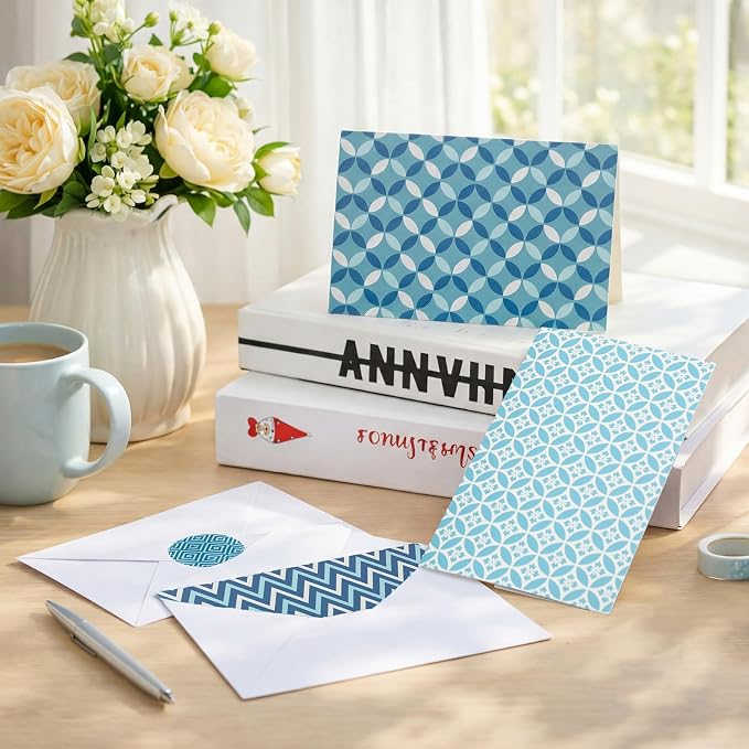 Maitys 200 Set Geometry Blank Cards and Envelopes Bulk 4x6 Inch Blank Blue Greeting Cards with Envelopes & Stickers 10 Elegant Designs Stationery Notecards for Anniversary Birthday Business Events