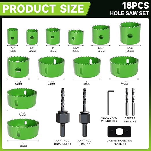 18 Piece Hole Saw Set - High Carbon Steel 19-76mm (3/4" to 3") Blades for Drywall, Softwood, Plastic, and PVC; Professional Grade with Instant Support