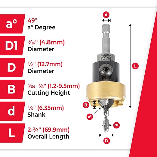 Amana Tool 82 Degree Countersink with Drill Bit Depth Stop and No-Thrust Ball Bearing, 55242, 1/2 D x 3/16 Drill D x 1/4 Inch Quick Release Hex Shank