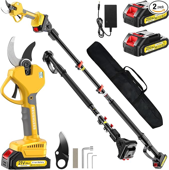 2-in-1 Pole Pruning Shears, 2.6 Inches Opening size Cordless Electric Pole Pruners - Brushless Motor, 2.0Ah*2 Batteries, SK7 Blade, 8.7FT Adjustable Branches Cutter for Tree Trimming