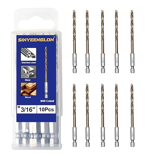 3/16 Cobalt Drill Bit for Metal and Hard Steel(10Pcs),Hex Shank Quick Change M35 HSS Twist Impact Drill Bit Set,with Storage Case