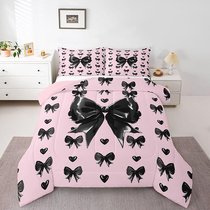 Feelyou Cute Pink Bow Comforter Set All Season Girly Bow Bedding Set with 2 Pillow Cases Love Hearts Bowknot Microfiber Kids King Bedclothes Bedroom Decor Duvet Quilt Breathable Soft Lightweight