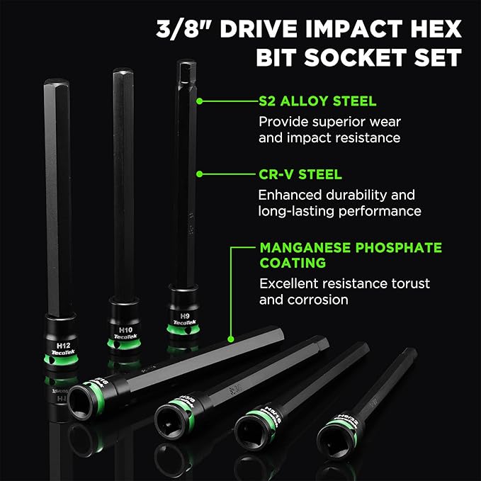 TecoTek 3/8" Drive Long Impact Hex Bit Socket Set, Allen Bit Sockets, 20PCS Allen Wrench Socket, SAE (1/8"-7/16”) and Metric (3MM-12MM), 6" Long CR-V & S2 Alloy Steel Hex Key Set