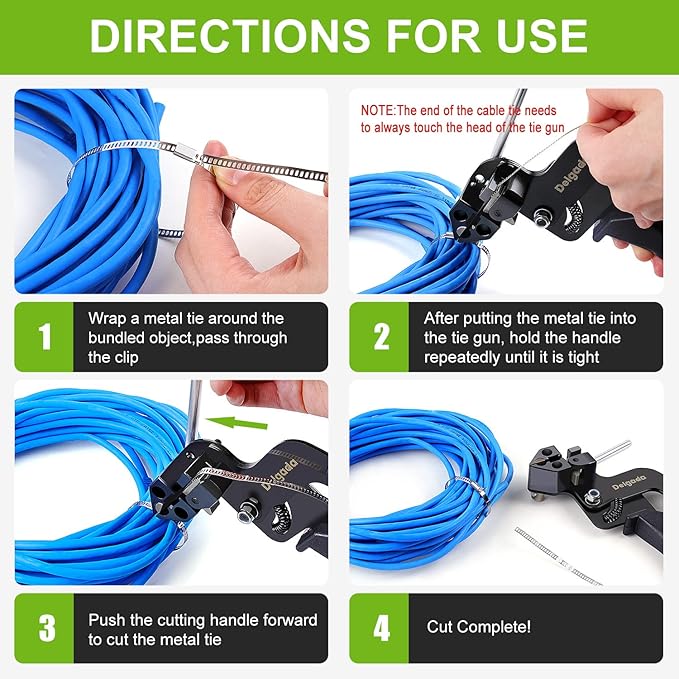 Delgada Metal Zip Tie Tool Stainless Steel Cable Tie Gun Cutter Tool Tightening Kit Tie Wrap Gun with 30PCS Stainless Steel Self-Locking Ties for Chain Link Fence Pipes