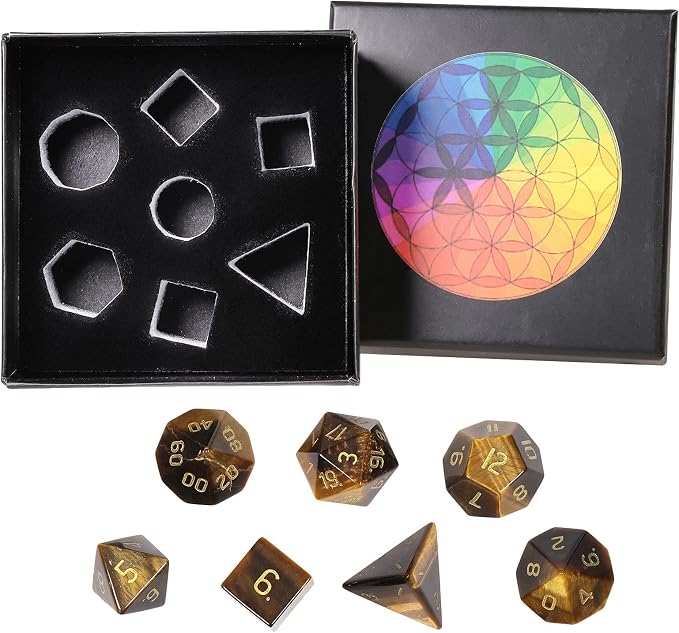 mookaitedecor 7 PCS Tiger's Eye Crystal Polyhedral DND Dice Set, Polished Tumbled Stones Dices for RPG MTG Table Games Home Decoration