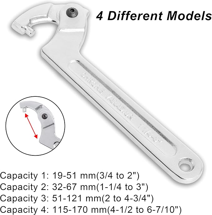 Adjustable C Pin Spanner Hook Wrench Set, Chrome Vanadium Steel 4 Size | 3/4-2", 1-1/4-3", 2-4-3/4", 4-1/2-6-7/10" Round Head Pin Spanner Wrench, Hydraulic Cylinder Tools for Lock Nuts and Bearings