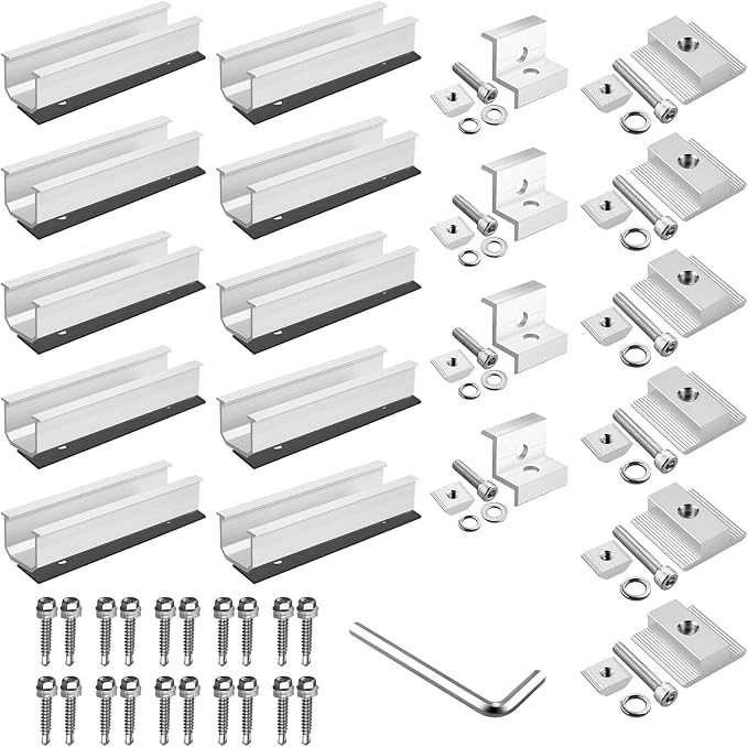 Anbte Solar Panel Mounting Brackets for Roof, Aluminum Solar Rails, Silver | Solar Panel Mounting Kit For 4 Panels, Included 10 X 4.72 In Rails+4 End Clamps+6 Center Clamps+1 Wrench, For Roof, RV, Boat