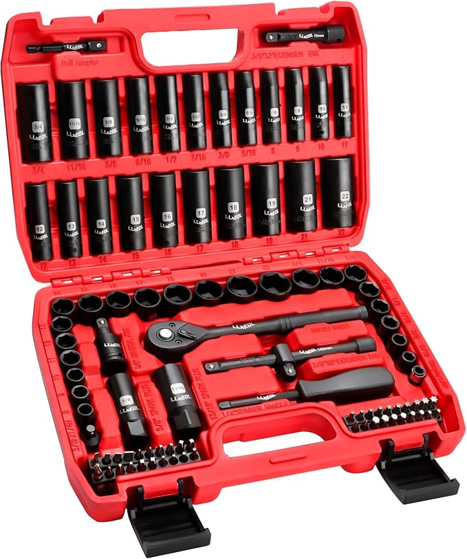 LLNEDL 3/8" Drive Impact Socket Set 95Pcs, Spark Plug Socket (5/8", 13/16") | 6 Point Metric & SAE from 5/16"- 3/4", 8-22mm, CR-V Deep & Shallow Kit with Quick Release Ratchet (72-Tooth) for Home & DIY