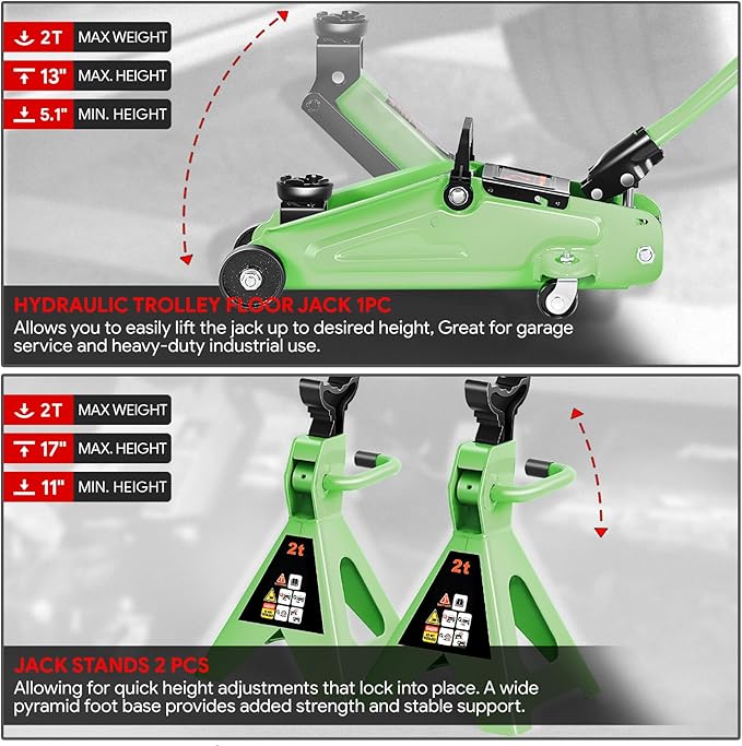 DNA MOTORING 2 Ton Car Jack and Stands Kit 2T(4000 lbs) Capacity Low Profile Hydraulic Trolley Service/Floor Jack with 2 Ratchet Stands Combo for Home Garage Shop, Green, TOOLS-00476-GR