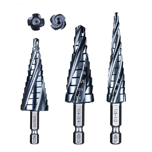 toolant Four Spiral Flute Cobalt Step Drill Bit Set(Pro Max), 1/8"-7/8"(3pcs) Impact Ready Unibit Step 1/4" Hex Shank Step Bits for Metal, Stainless Steel, Aluminum, Wood, Plastic