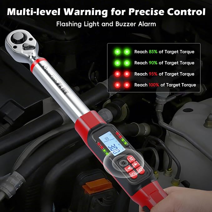 3/8" Digital Angle Torque Wrench, 2-44 Ft.lb, ±2% Accuracy, 8pcs | Electronic Torque Wrench with 0.1° Angle Mode, LED Display, Buzzer Alerts for Automotive, Motorcycle & Engine Repair