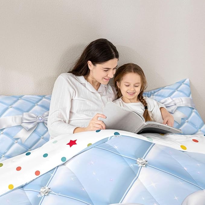 Feelyou Cute Blue Bow Bedding Set Soft for Boys Girls, Geometry Bowknot Comforter Set King Size Glitter Duvet Quilt Microfiber Bedroom Decor 3 Pcs with 2 Pillow Cases