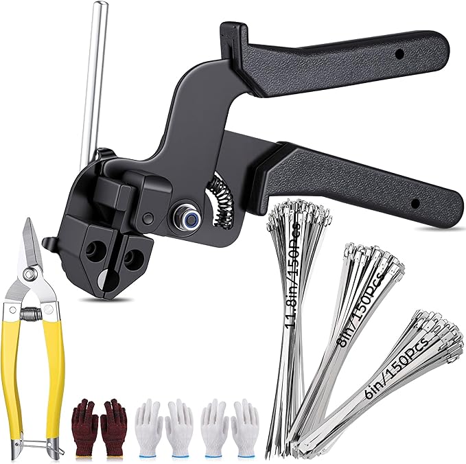 455 Pack Stainless Steel Cable Tie Gun Kit, 450 Pcs 6/8/11.8 Inch Metal Zip Ties (150 of Each), Adjustable Fastening and Cutting Tools for Fence, Chain Link Fence, Pipe, Industrial Use