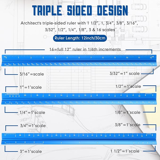 Macarrie 10 Pcs Architectural Scale Ruler 12" Architect Engineers Scale Triangular Ruler Set Aluminum Metal Rulers with Imperial Measurements for Architect Student Draftsman Engineer (Blue)
