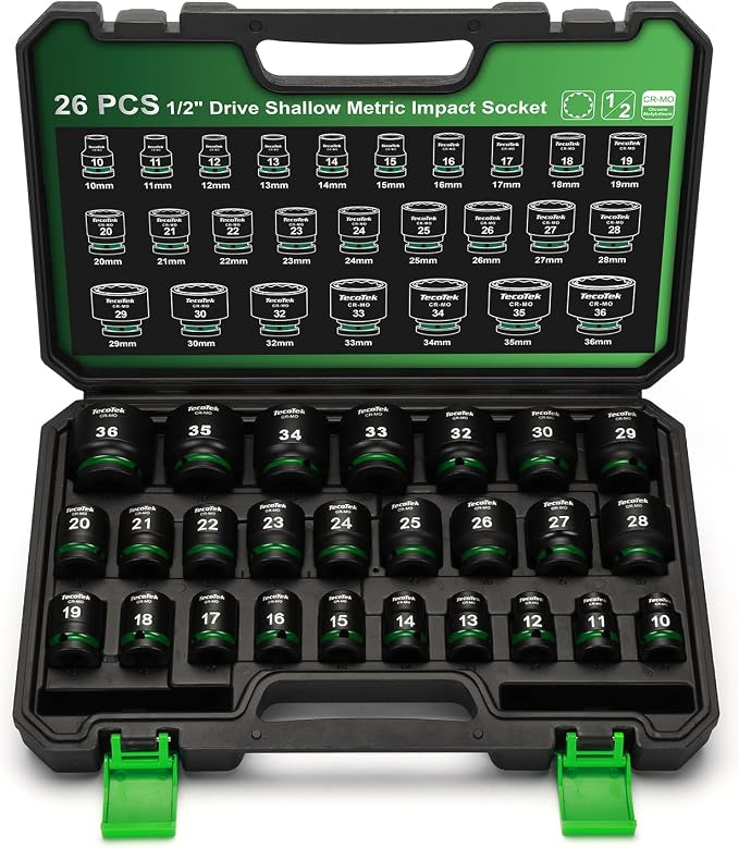 TecoTek 26 Pieces 1/2-Inch Drive Shallow 12-Point Metric Impact Socket Set, CR-MO, 10mm to 36mm, Stamped and Ink Filled Size Marking, Heavy Duty Storage Case