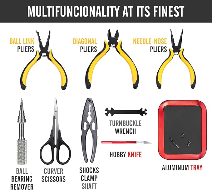 RC Car Tool Kit (27pcs), Screwdriver Set (Flat, Phillips, Hex), Pliers, Cross Wrench, Body Reamer, Stand, Polished Bar Hobby Repair Tools for Traxxas Car Quadcopter Drone Helicopter Airplane