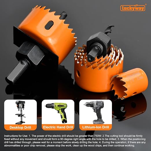 Luckyway Hole Saw Kit Pro, 24PCS Hole Saw Set with 3/4"-6"(19-152mm) 14PCS Hole Saws, Double-Ground Teeth for Clean Cutting, Ideal for Soft Wood, Plywood, Drywall, PVC