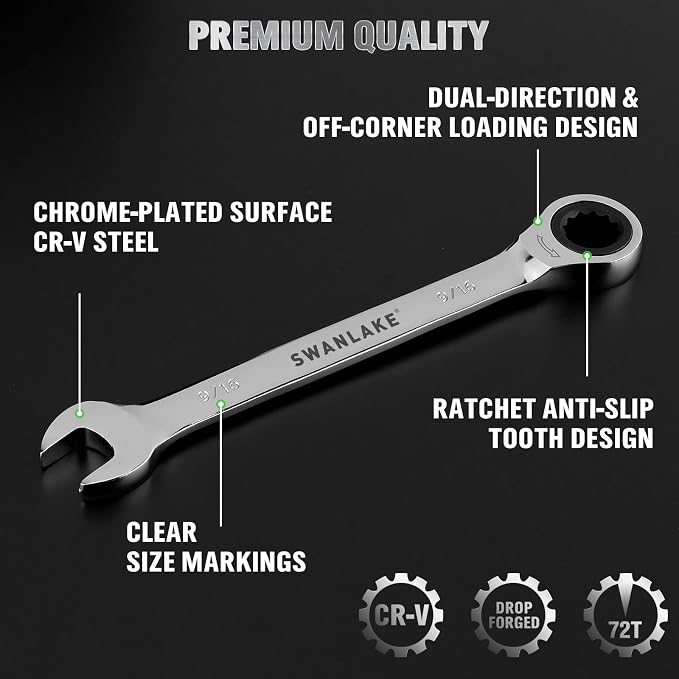 12-Piece Ratcheting Wrench Set, SAE 1/4 - 3/4 inch Ratchet Combination Wrenches Set, 12-Point 72-Tooth Ratchet Spanners with Magnetic Base Organizer, Chrome Vanadium Steel for Automotive Mechanic Tool