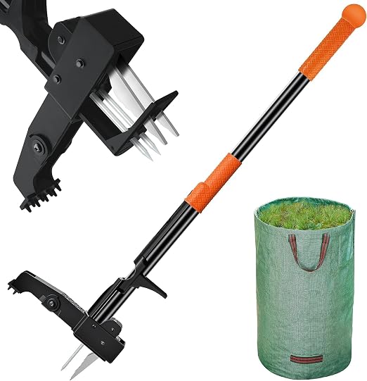 Weed Puller Tool Stand-Up - 40" Long Handle Weed Picker with Leaf Bag, 4 Claws Stainless Steel & Foldable Foot Board, Easy Weeding Removal, No Bending 101.6 cm