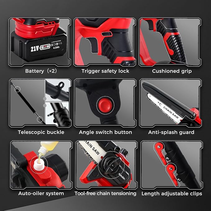 2-in-1 Electric Pole Saw for Tree Trimming,1200W Brushless Cordless Pole Saw & 6 Inch Mini Chainsaw with 2 x 4.0Ah 21V Batteries,16 FT Max Reach & Multi-Angle, Tree Trimmer for Branch Cutting.