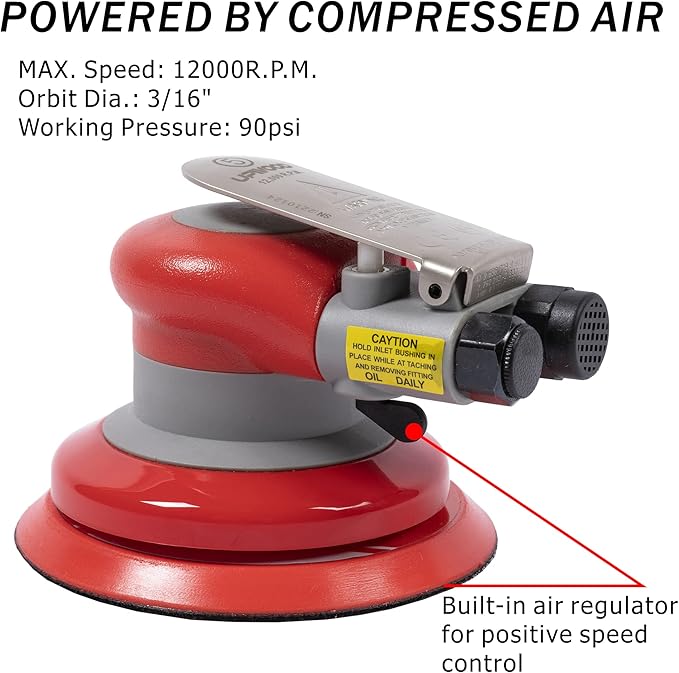 Pneumatic random orbital sander 5-inch light weight palm sander 3/16" (5 mm) diameter orbit 12000 RPM with extra 10pcs sandpaper