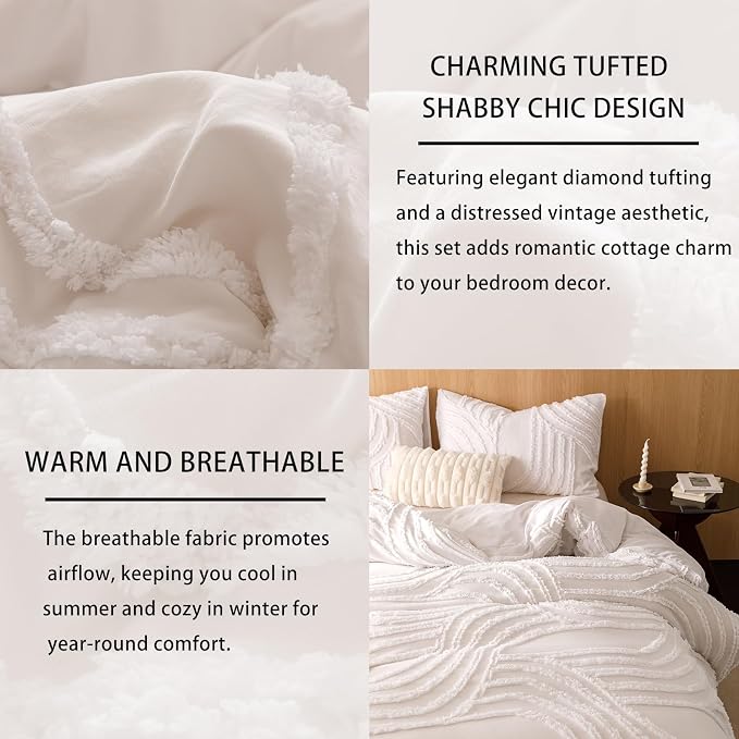 Nttopship Ivory Full Comforter Set - 7 Pieces Bed in a Bag, Premium Comforters Full Size Bed Set Tufted Shabby Chic Bedding Comforter Set with Flat Sheet, Fitted Sheet and Pillowcases,White