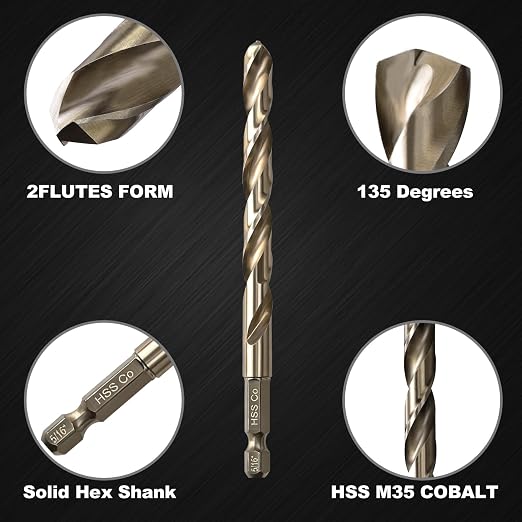 5/16 Cobalt Drill Bit for Metal and Hard Steel (5Pcs), M35 HSS Hex Shank Twist Drill Bit Set with Quick Change, with Storage Case