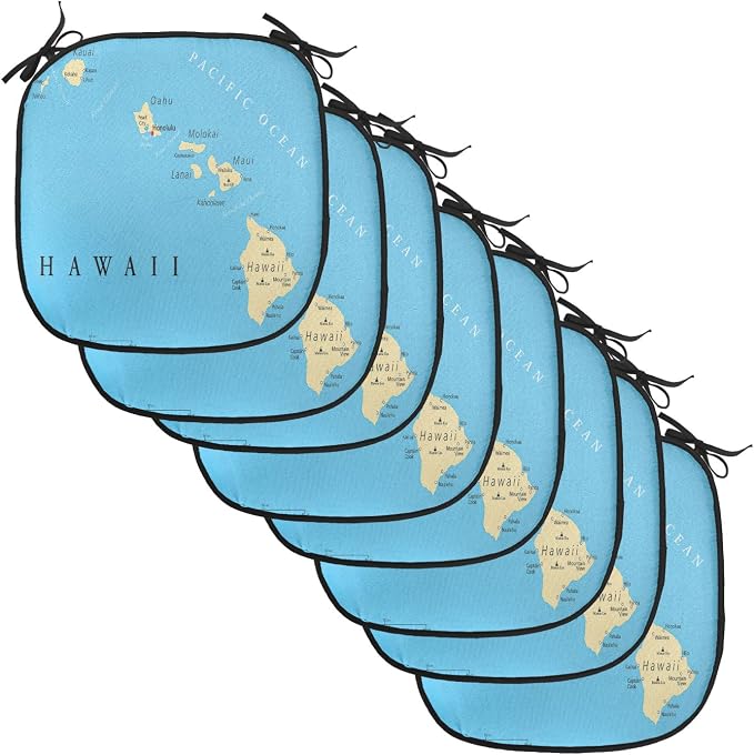 Lunarable Hawaiian Chair Cushion Pads Set of 8, Map of Hawaii Islands Capital Honolulu Borders and Important Cities, Anti-Slip Seat Padding for Kitchen & Patio, 16"x16", Blue Ivory Black