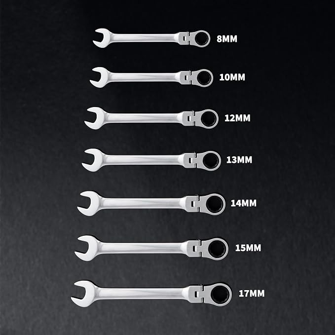 Garvee 7 Piece Metric Ratcheting Wrench Set Combination Ratcheting Wrench | 72-Tooth 5° Swing Arc CR-V Steel | Metric 8-17 mm Coverage for Automotive Repair, Mechanical Maintenance DIY Project