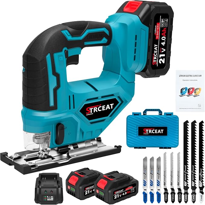 21V Cordless Jigsaw Tool, Electric Jig Saw with 2× 2.0Ah Batteries, 0°-45° Bevel Cuts, 4 Orbital Settings for Wood Cutting, 2800SPM Variable Speed, Mini Jigsaw for Straight/Curve/Circle Cutting (Blue)