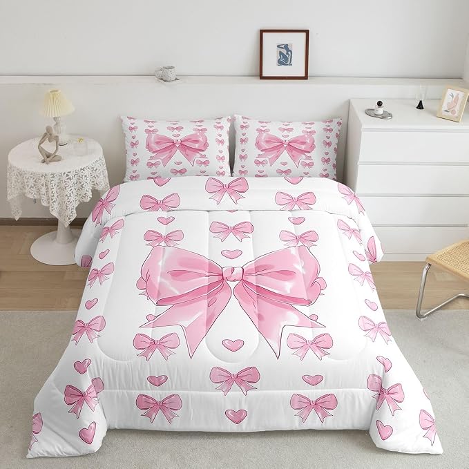 Feelyou Cute Pink Bow Bedding Set Soft for Boys Girls, Love Hearts Bowknot Comforter Set King Size Duvet Quilt Microfiber Bedroom Decor 3 Pcs with 2 Pillow Cases
