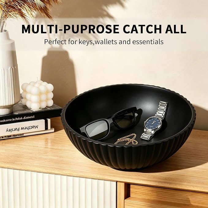 L'ARL GMVOI Large Decorative Bowl,Modern Handicraft Bowls for Home Decor,Fruit Bowl for Kitchen Counter,Stylish Key Bowl for Entry Table,Artificial Stone Black