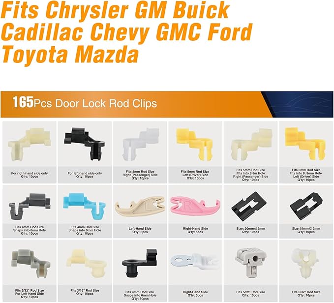 GOOACC 165pcs Door Lock Rod Clips Tailgate Handle Rod Lock Pawl Handle Rod End Retainer Assortment Fits 5/32" Rod for Chevy Silverado for GMC Sierra for GM Trucks Ford Chrysler Toyota Mazda