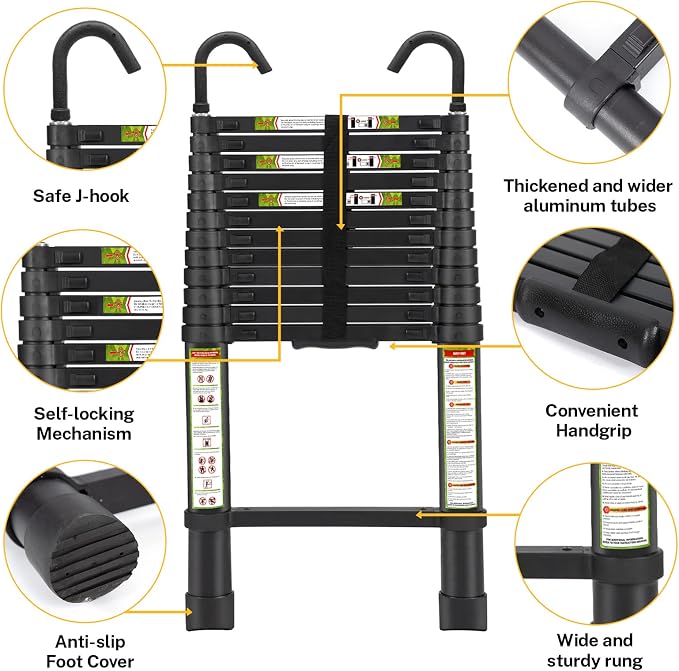 RIKADE Telescopic Ladder, 12.5 ft Aluminum Telescoping Ladder with Non-Slip Feet and Stable Hook, Portable Extension Ladder for Household and Outdoor Working, Max Load 330 lb, Black