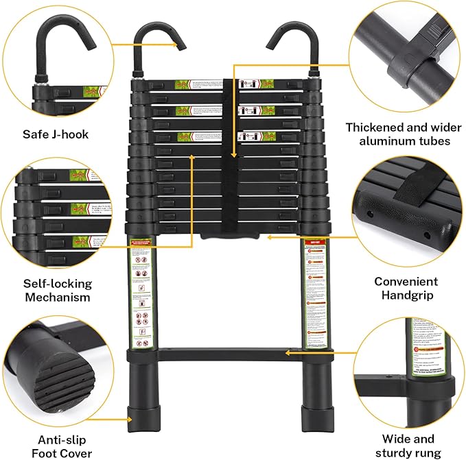 RIKADE Telescopic Ladder, 16.5 ft Aluminum Telescoping Ladder with Non-Slip Feet and Stable Hook, Portable Extension Ladder for Household and Outdoor Working, Max Load 330 lb, Black