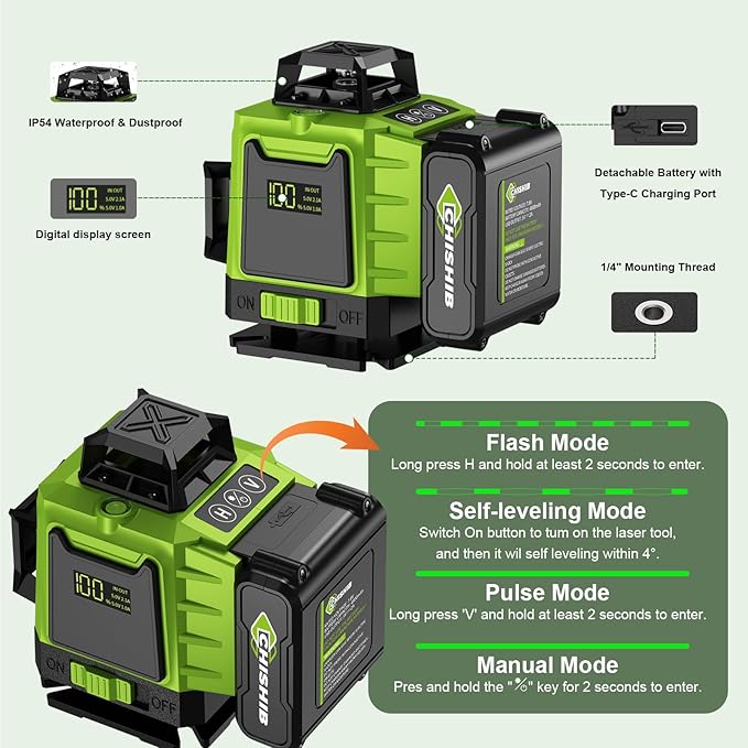 16 Lines Green Laser Level Kit -4x360° 4D Self-Leveling Cross Line Laser Level, Rotary Base and Accessories for Construction, Home Improvement and Picture Hanging,(Safety Class ll, <1mW power output.)