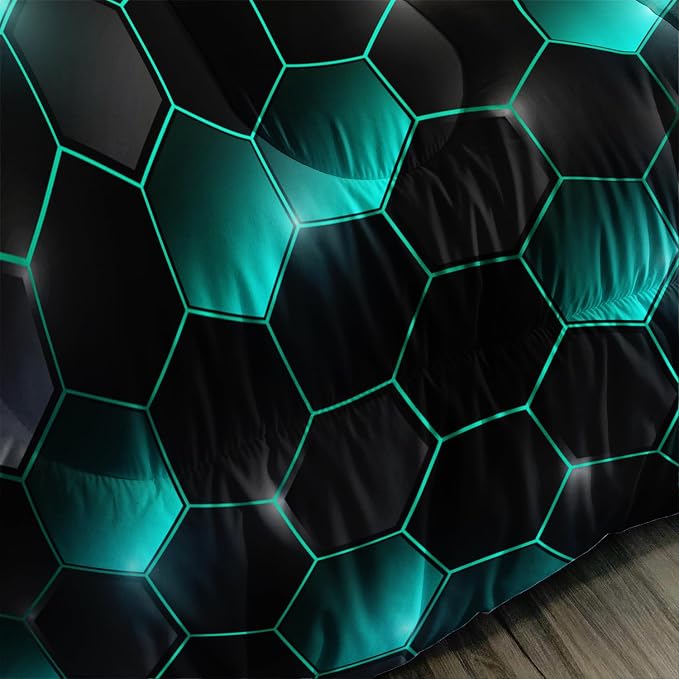Geometric Black Green Neon Comforter Set,Light Honeycomb 3 Piece Bedding Set Full for Teen Boys,Modern Bedding Quilt Set Geometry Decor,Microfiber Lightweight 1 Comforter 2 Pillowcases All Season