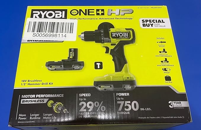 RYOBI ONE+ HP 18V Brushless Cordless 1/2 in. Hammer Drill Kit with (2) 2.0 Ah Batteries, Charger, and Bag (PBLHM101K2)
