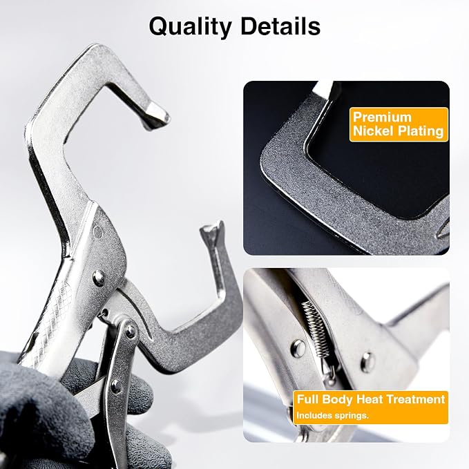 11" Locking C-Clamp Pliers, 3-3/8" Max Jaw Opening & 2-3/8" Throat Depth, 900 Lbs Heavy Duty Clamping Force, Heat-Treated Alloy Steel with Nickel Plating for Welding & Woodworking 2 Pack