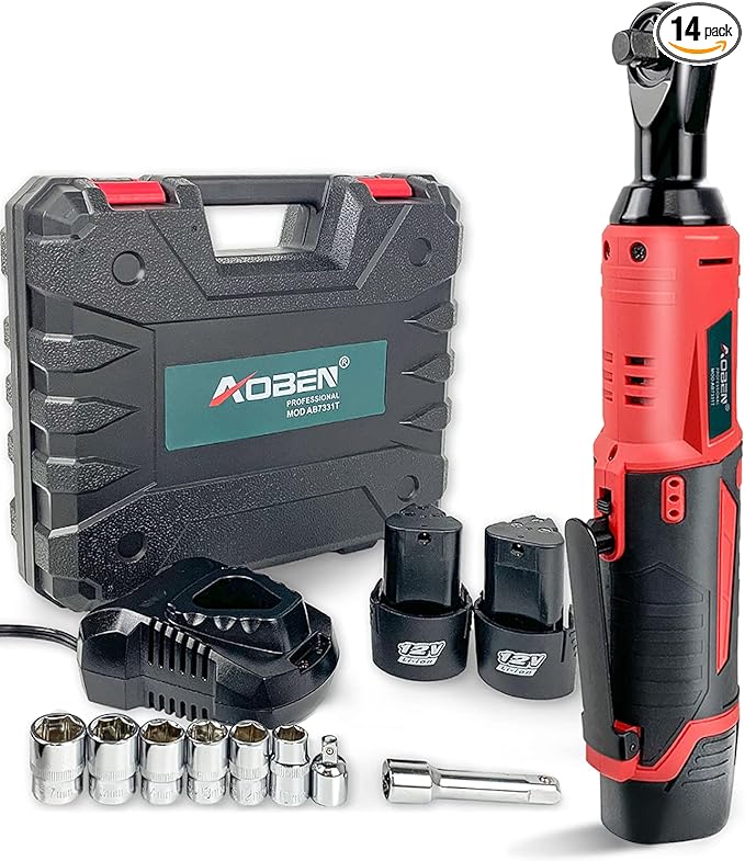 AOBEN Cordless Electric Ratchet Wrench Set, 3/8" 12V Power Ratchet Tool Kit With 2 Packs 2000mAh Lithium-Ion Battery And Charger
