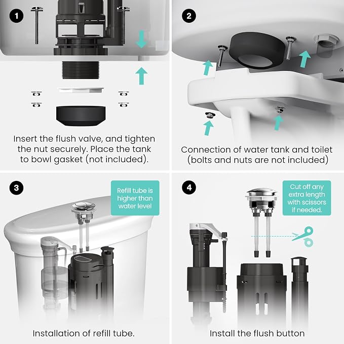 R&T 3-Inch Dual Flush Valve with Top Push Button Toilet Repair Kit Inside Tank dual flush valve replacement kit for 2-piece Toilet, Quick Fix Toilet Leaking, Running Water and Ghost Flush A2422M