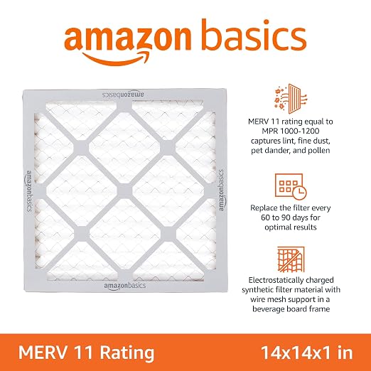 Amazon Basics 14x14x1 Air Filter 6-Pack, MERV 11 AC Furnace Filters, Allergy Control, Removes Dust, Pollen and Lint (Actual Size: 13.75" x 13.75" x 0.75")