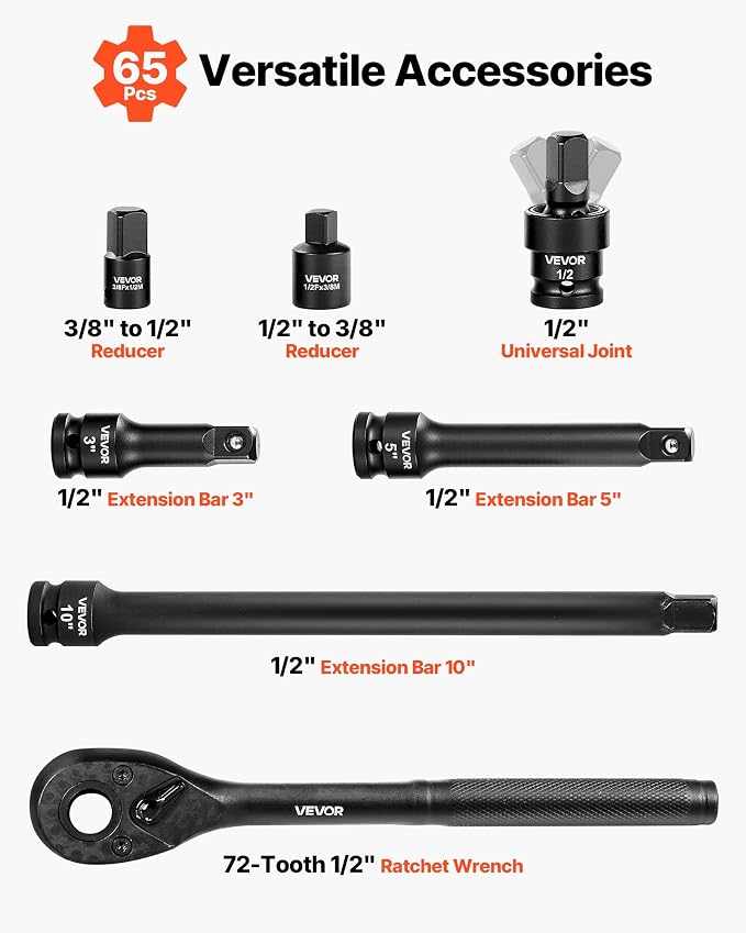 VEVOR 1/2" Drive Impact Socket Set, 65 Piece Socket Set SAE 3/8" to 1-1/4" and Metric 10-24mm, 6 Point Cr-V Alloy Steel for Auto Repair, Rugged Construction, Easy-to-Read Size Markings, Storage Case