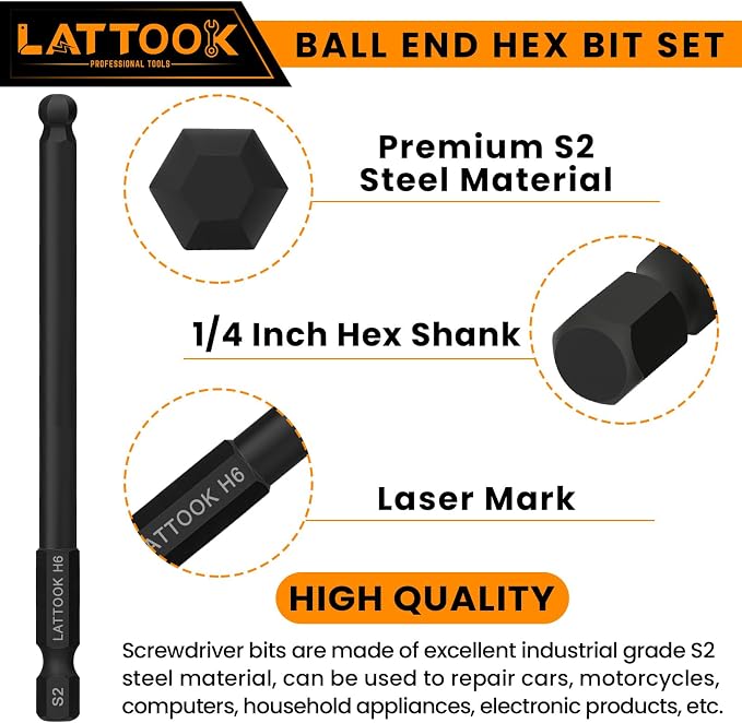 Metric Ball End Hex Bit Set with T Handle Ratchet Driver | LATTOOK 12PCS Ball End Hex Head Allen Wrench Drill Bit Set, Allen Key Drill Bit Set, 4'' Long, Magnetic S2 Steel